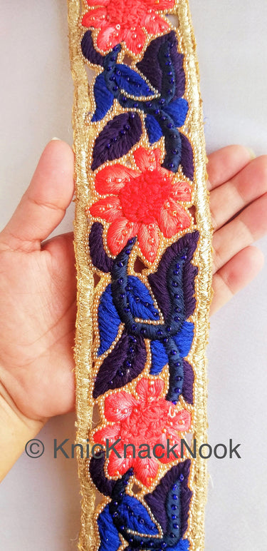 Blue And Gold Hand Embroidered Cutwork Lace Trim, Floral Embroidery Beaded, Wedding Trim